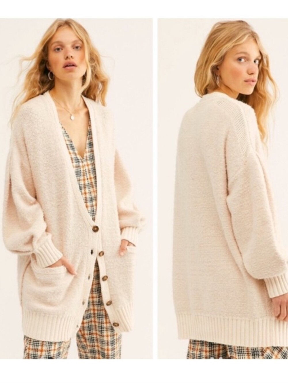 Free People - Snow Drop Cream Button-Up Pocket Wool Blend Oversized Cardigan